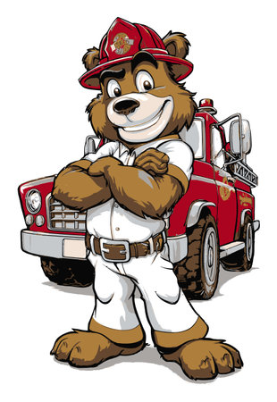 A charming cartoon bear character dressed as a firefighter stands confidently in front of a fire truck. This bright and playful illustration captures the spirit of heroism and safety, perfect for educational or promotional use.のイラスト素材