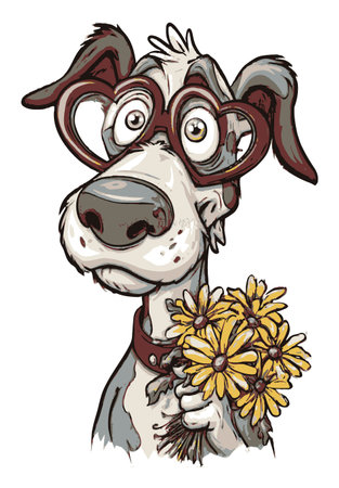This delightful hand-drawn illustration features a quirky cartoon dog wearing heart-shaped glasses and holding a bouquet of flowers, radiating joy and whimsy.のイラスト素材