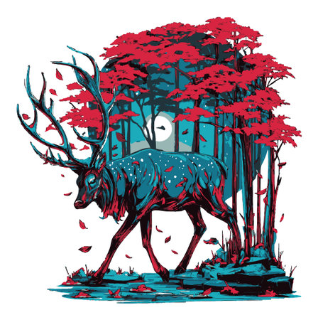 This vibrant illustration features a majestic deer silhouette in a colorful forest at night, surrounded by rich red trees and a glowing moon. Perfect for nature lovers.のイラスト素材