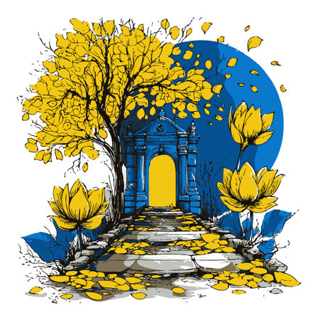 A hand-drawn abstract illustration featuring a vibrant autumn pathway. Bright yellow leaves, flowers, and a blue background create a serene and artistic scene.のイラスト素材