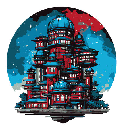 This captivating illustration features a vibrant silhouette of a futuristic building set against a cosmic background, blending art and imagination flawlessly.のイラスト素材