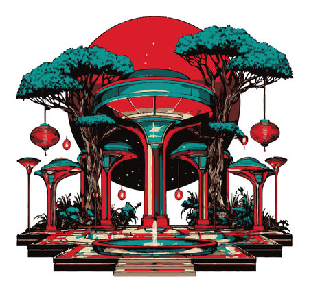 This illustration features a futuristic garden setting with a dramatic red moon, lush trees, and elegant lanterns, creating a serene and whimsical atmosphere.のイラスト素材