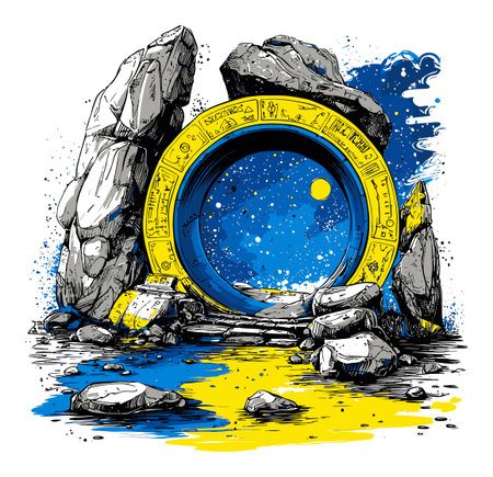 This vibrant hand-drawn abstract illustration features a mystical portal surrounded by rugged rocks under a cosmic sky, perfect for evoking wonder and imagination.のイラスト素材