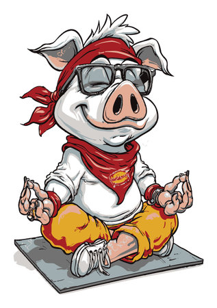 A charming cartoon pig character sits in a meditative pose, wearing sunglasses and a scarf. This fun illustration captures a unique blend of humor and relaxation, perfect for cheerful designs.のイラスト素材