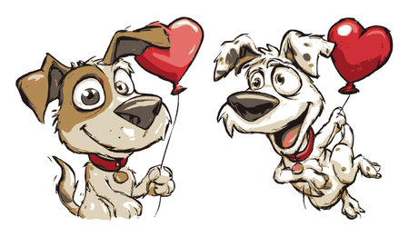 This charming hand-drawn illustration features two cheerful cartoon dogs holding heart-shaped balloons, radiating joy and playfulness. Perfect for various creative projects!のイラスト素材