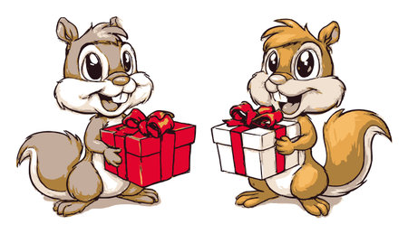 Two cheerful cartoon squirrels excitedly holding gift boxes wrapped with ribbons. This hand-drawn illustration captures a playful and festive spirit, perfect for holiday themes.のイラスト素材