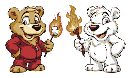 Two cartoon bears, one brown and one white, hold marshmallows and torches, showcasing a playful, adventurous spirit. Perfect for children's themes or outdoor activities.のイラスト素材