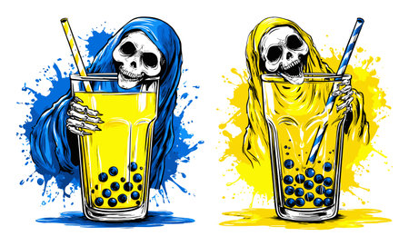 This hand-drawn illustration features two playful skeletons with vibrant drinks, evoking a cheerful and unique summer vibe. Perfect for fun projects!のイラスト素材