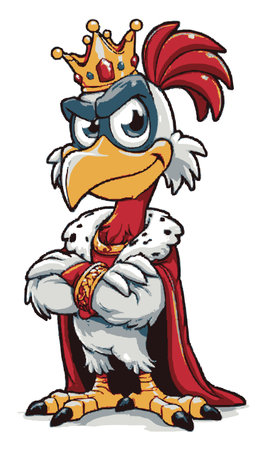 This hand-drawn cartoon features a confident chicken character dressed in royal attire. The vibrant colors and playful expression create a whimsical and fun illustration.のイラスト素材