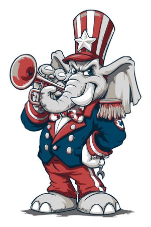 This hand-drawn cartoon features a patriotic elephant character proudly playing a trumpet. The vibrant colors and playful design convey a festive spirit, making it perfect for celebrations.のイラスト素材