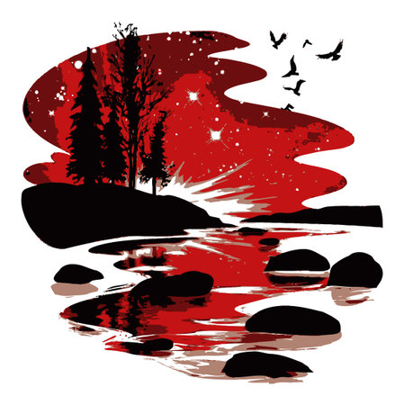 This striking illustration features a dramatic red and black landscape with silhouettes of trees, a reflective river, and birds, creating a serene yet vibrant atmosphere.のイラスト素材