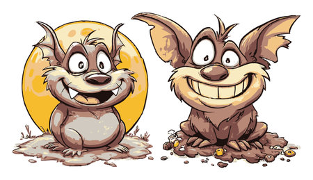 This playful hand-drawn cartoon features two cheerful animals with exaggerated features, showcasing fun expressions in a whimsical outdoor setting.のイラスト素材