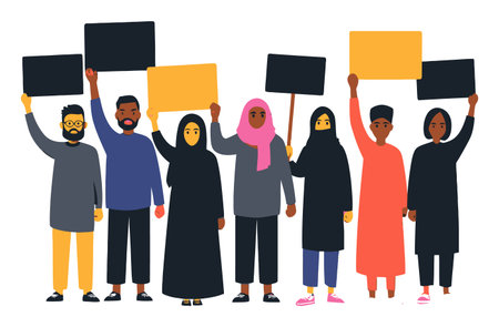 Illustration of a diverse group of activists holding blank signs, symbolizing unity and social justice. Perfect for themes of empowerment, equality, and community engagement.のイラスト素材