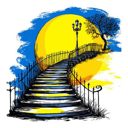 Explore this hand-drawn abstract illustration featuring a staircase under a vibrant sun. This whimsical design captures nature's blend with artistic expression.のイラスト素材