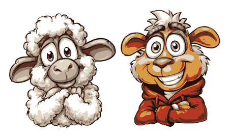 Discover whimsical hand-drawn cartoon characters featuring a fluffy sheep and a playful animal, perfect for creative projects and designs.のイラスト素材