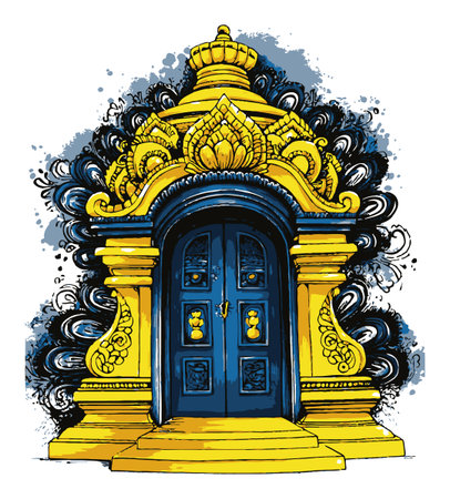 Hand-drawn abstract illustration of an ornate decorative door with swirling patterns. This colorful artwork combines traditional and modern design elements for a unique visual.のイラスト素材