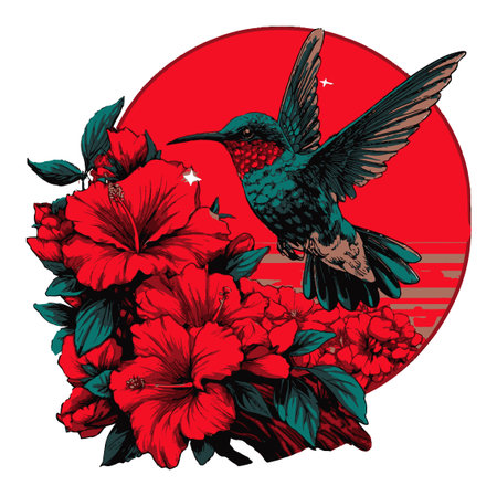 This vibrant illustration features a hummingbird interacting with bold red flowers against a striking background, creating a dynamic and artistic composition.のイラスト素材