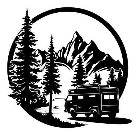 Engraving-style illustration depicting an RV amidst towering trees and majestic mountains. Ideal for showcasing outdoor adventures and travel illustrations.のイラスト素材