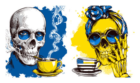 Discover vibrant hand-drawn skull illustrations featuring unique characters enjoying coffee and cigarettes. Perfect for modern art lovers seeking distinctive designs.のイラスト素材
