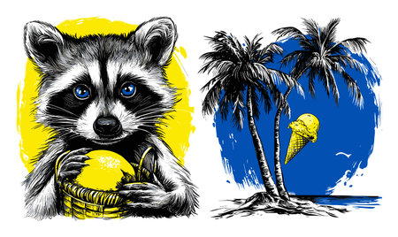 This vibrant hand-drawn illustration features a playful raccoon holding a yellow ball, accompanied by palm trees and an ice cream cone against a bold blue background.のイラスト素材