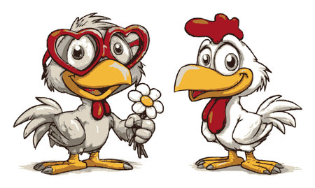 Delightful hand-drawn cartoon birds with vibrant colors, showcasing playful expressions with glasses and a flower, perfect for children's themes and fun projects.のイラスト素材