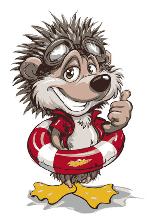 A fun cartoon hedgehog character wearing a lifebuoy and giving a thumbs up. This playful illustration captures joy and summer adventures with vibrant colors.のイラスト素材