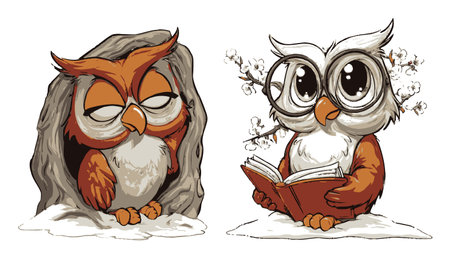 This charming hand-drawn cartoon features two delightful owls, one resting in a tree hole and the other engrossed in a book, embodying wisdom and whimsy.のイラスト素材