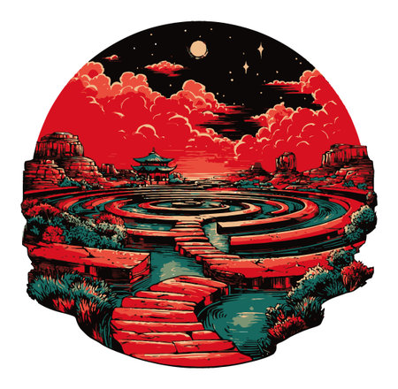Discover a mesmerizing landscape featuring a circular pathway leading through lush flora beneath a dramatic red sky filled with clouds and stars.のイラスト素材