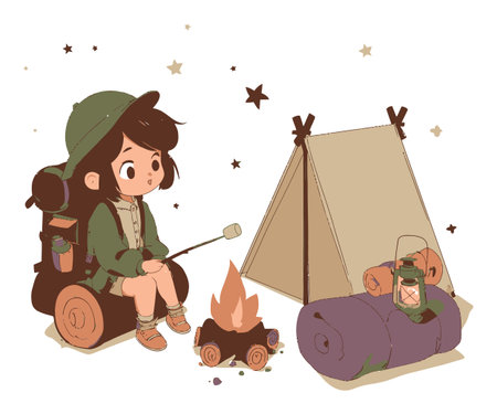 Adorable cartoon illustration of a child enjoying camping outdoors, roasting marshmallows over a campfire near a tent. Perfect for nature themes.のイラスト素材