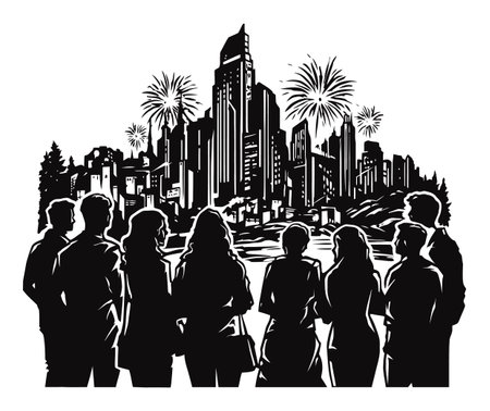 A stunning black and white engraving of a group of people observing fireworks lighting up a city skyline. A perfect illustration of celebration and urban beauty.のイラスト素材