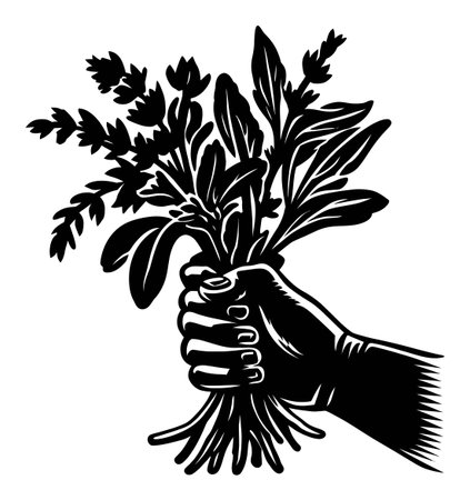 A captivating engraving-style illustration of a hand gripping a fresh bouquet of herbs. This artwork beautifully represents nature and culinary essence.のイラスト素材