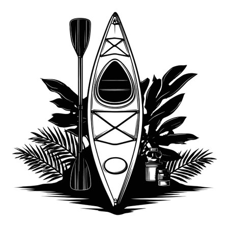 Explore the beauty of adventure with this vintage kayak illustration featuring a paddle and rich tropical foliage. Perfect for outdoor enthusiasts.のイラスト素材