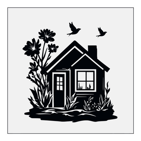 Explore a charming black and white engraving of a house, gracefully surrounded by flowers and birds. This artwork captures a peaceful and harmonious natural setting.のイラスト素材