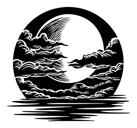 This black and white engraving captures a moon surrounded by clouds, reflected on water. Perfect for serene and artistic projects, this illustration conveys tranquility and beauty.のイラスト素材