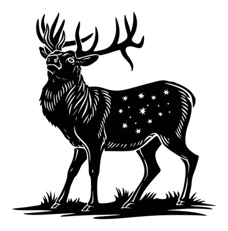 Stunning black silhouette of a stag with starry fur, presented in an intricate engraving style. Perfect for illustrating nature themes and wildlife art.のイラスト素材