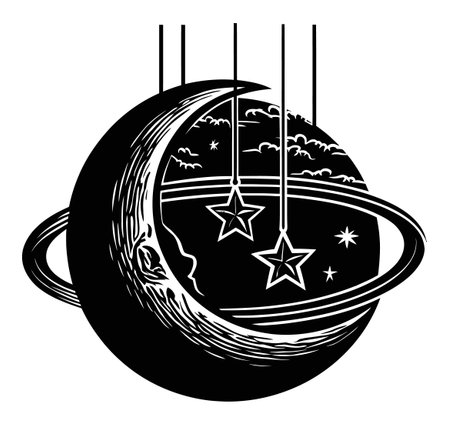 This striking engraving features a whimsical design of a crescent moon, stars, and Saturn surrounded by clouds, perfect for adding a cosmic touch to any project.のイラスト素材