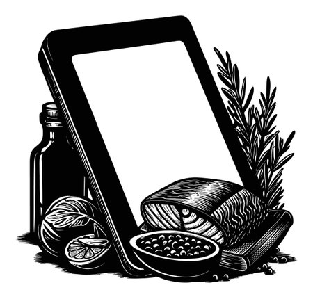 This vintage-style engraving showcases a digital tablet surrounded by fresh ingredients, including salmon, herbs, and vegetables, perfect for culinary themes.のイラスト素材