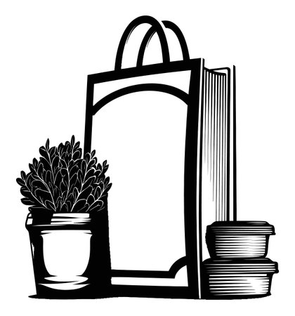 This detailed engraving illustration features a stylish shopping bag alongside a flower pot and containers, perfect for showcasing retail themes and botanical aesthetics.のイラスト素材