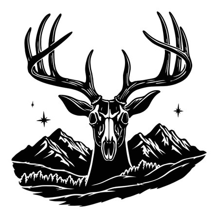 This striking engraving features a skull deer with majestic antlers, set against a backdrop of mountains and twinkling stars, evoking a sense of wilderness and artistry.のイラスト素材