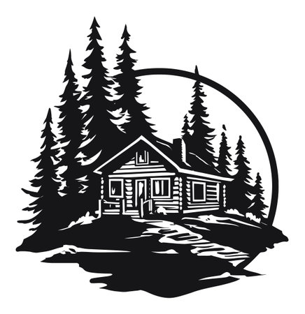 This vintage engraving showcases a cozy cabin nestled among tall evergreen trees, creating a serene and peaceful outdoor scene. Perfect for nature lovers.のイラスト素材