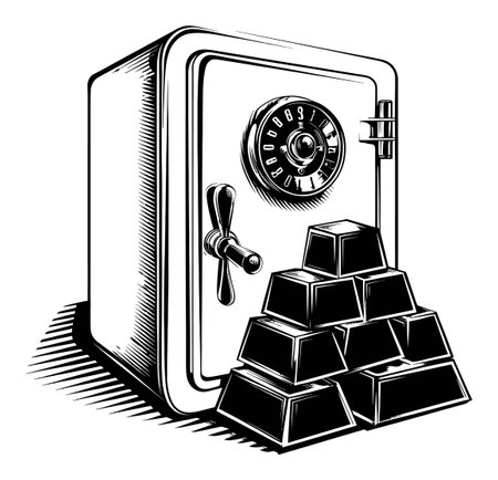 This vintage engraving showcases a secure safe with gold bars, symbolizing financial security and wealth. An artistic representation in black and white ideal for financial-themed projects.のイラスト素材
