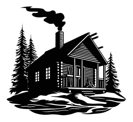This black and white engraving showcases a cozy cabin surrounded by tall pine trees and a gentle smoke plume. Ideal for nature-themed projects.のイラスト素材