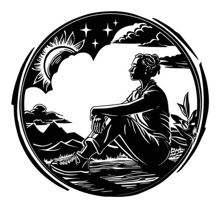 Engraved illustration featuring a woman in profile, seated in contemplation amidst a scenic nature backdrop. The design showcases elements of the sky, moon, and mountains, evoking a sense of tranquility and harmony with the outdoors.のイラスト素材
