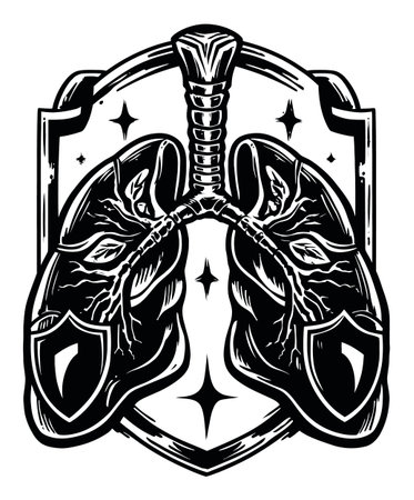 This black and white engraving art features detailed lungs with leaves, framed by a decorative shield, symbolizing health and vitality in a unique design.のイラスト素材