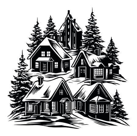 An enchanting winter village scene featuring charming houses surrounded by snow-laden trees. This black and white engraving captures a serene and rustic atmosphere perfect for seasonal decor.のイラスト素材