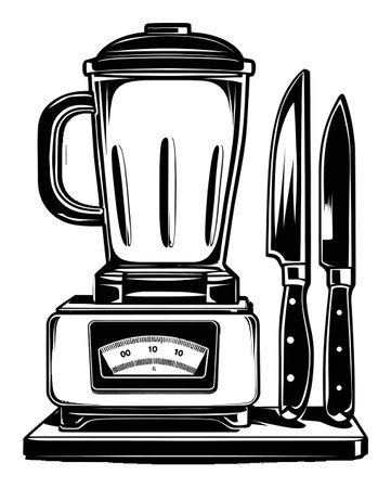 This vintage-style engraving showcases a blender alongside two knives, perfect for food preparation. Ideal for kitchen decor or culinary artwork.のイラスト素材