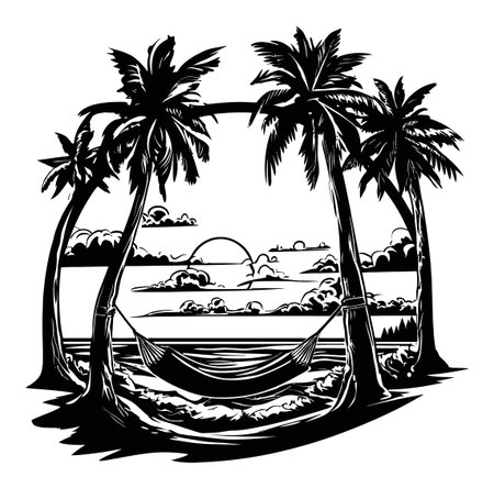 Enjoy a serene beach scene featuring palm trees and a hammock before a stunning sunset. This artistic engraving captures the essence of relaxation and tropical beauty.のイラスト素材