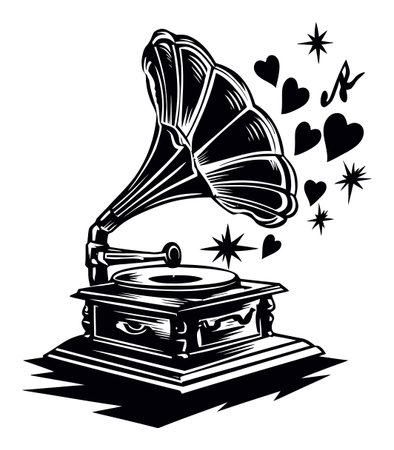 This vintage engraving features a classic gramophone with hearts and musical notes, symbolizing love and nostalgia. Ideal for music lovers and art enthusiasts.のイラスト素材