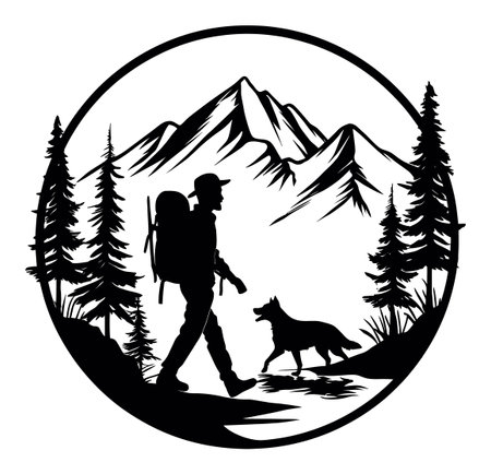 Engraving illustration of a hiker and dog walking in a mountain landscape. This artwork captures the essence of adventure, nature, and companionship in rugged terrain.のイラスト素材