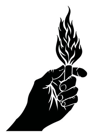 A striking black and white engraving depicting a hand gripping a vibrant flame. This dynamic illustration symbolizes energy and passion, ideal for creative projects.のイラスト素材